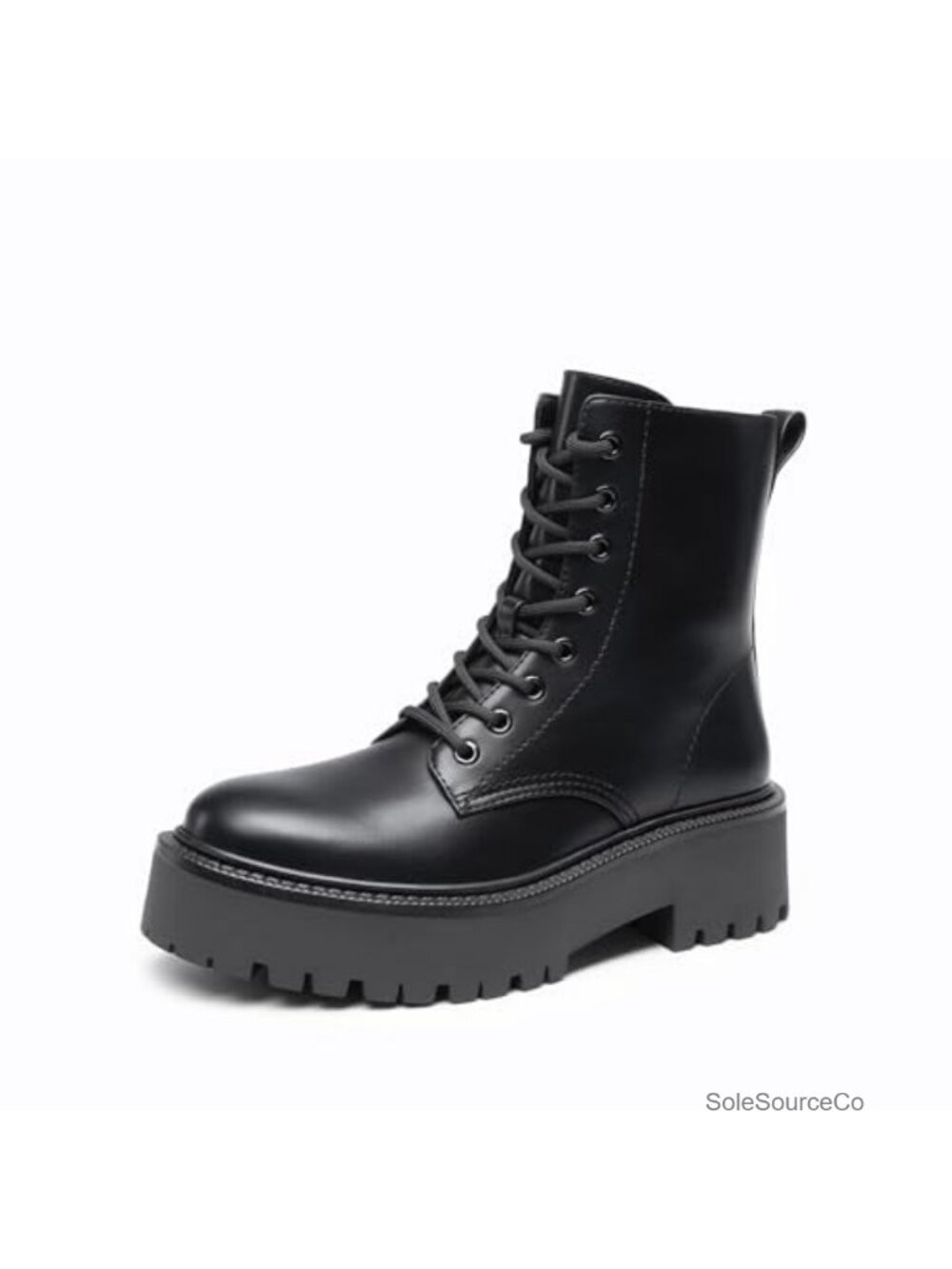Women's Platform Combat Ankle Boots Faux Leather Lace-Up Side Zip Block Heel